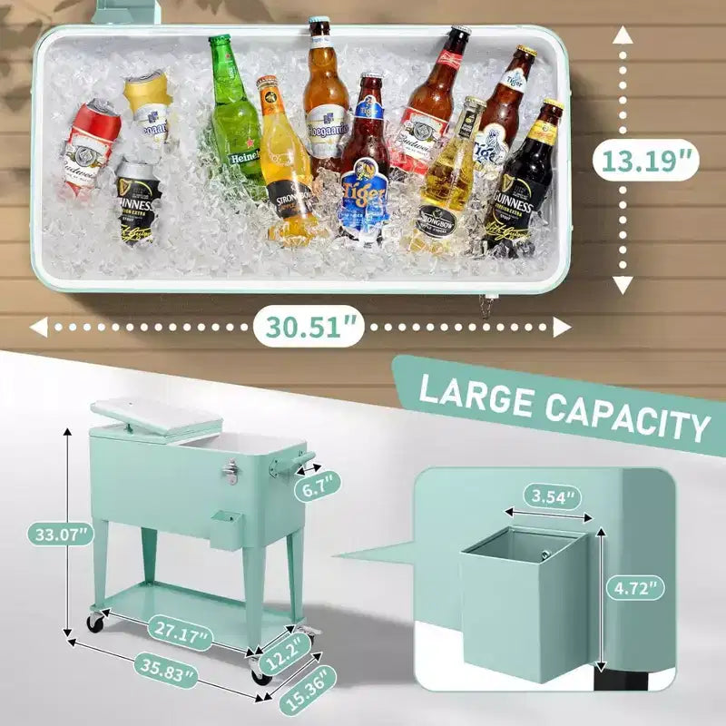 NAYSAYE 80 Quart Rolling Ice Chest Portable Bar Drink Cooler with Catch Basin, Bottom Storage Tray for Patio Party BBQ Beach, Green, 34.3*15.2*35.8