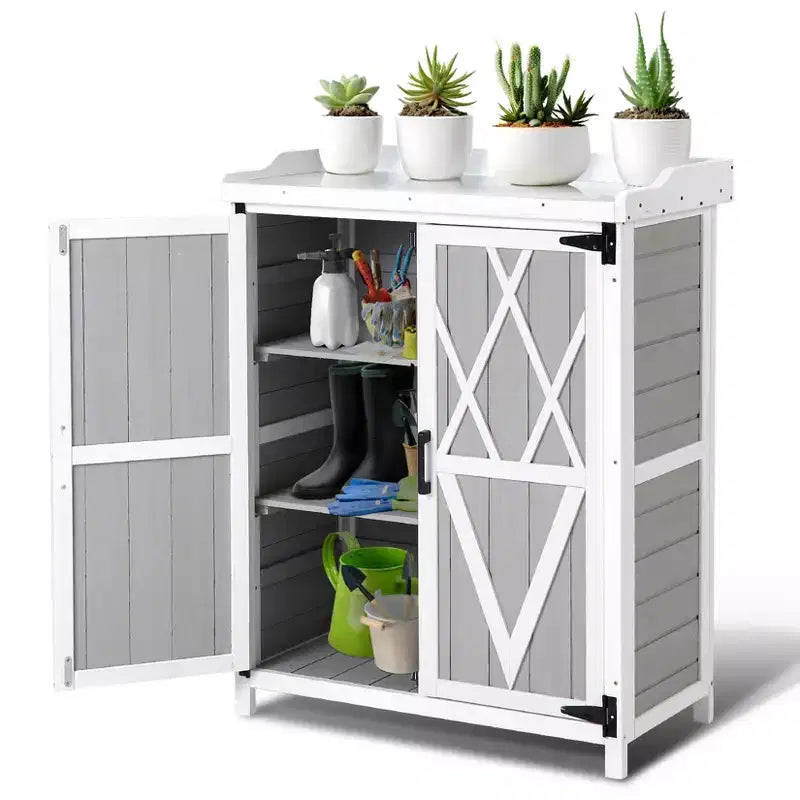 Waterproof storage cabinet, wooden garden workbench with 2 removable shelves, galvanized metal tabletop, suitable for indoor and outdoor use.