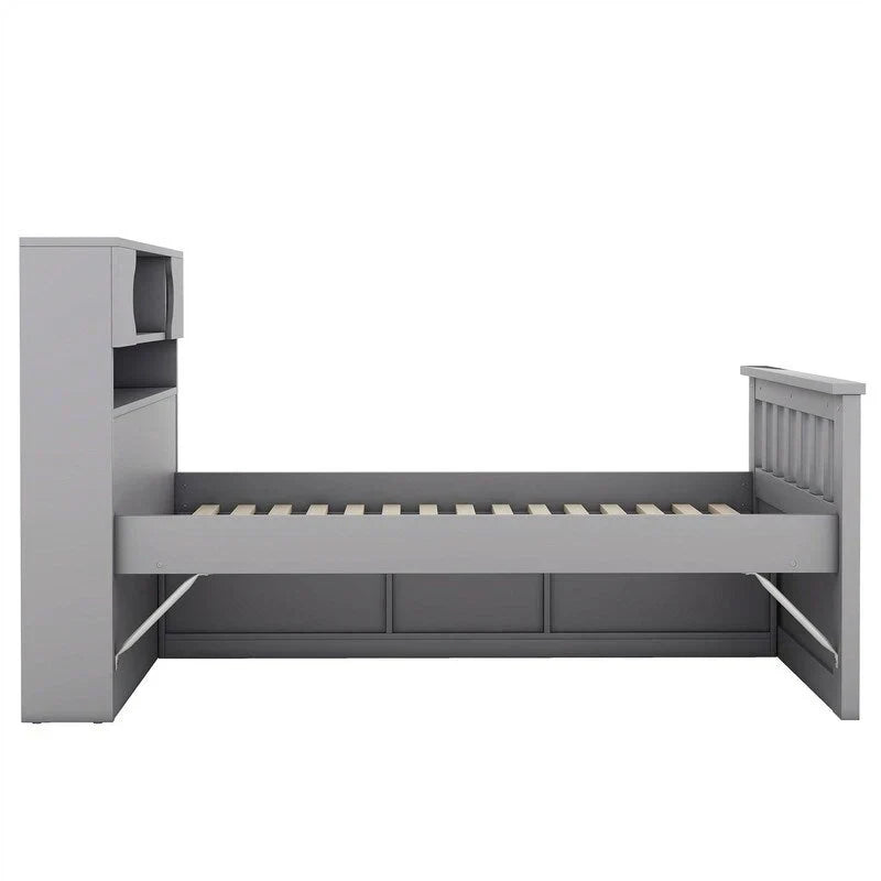 Twin/Full Size Captain Platform Bed with 4 Drawers and Storage Shelves, Solid Wood Bed Frame with Storage Bookcase Headboard