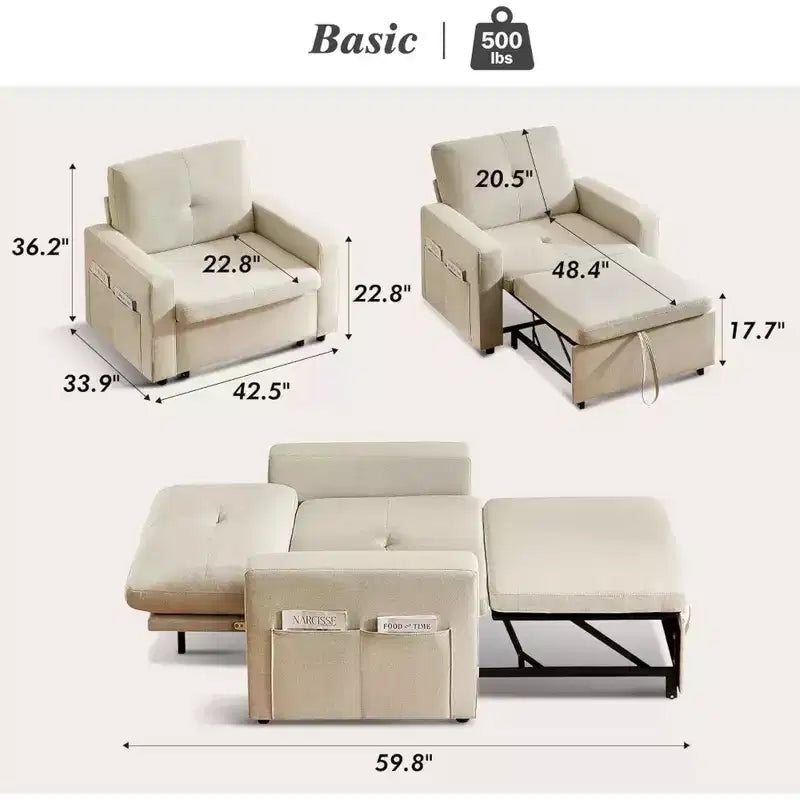 42.5" 3-in-1 Convertible Sleeper Chair Bed with Adjustable Backrest and Side Pockets
