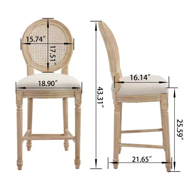 French Country 26 Bar Chairs Set of 2, Upholstered Natural Rattan Round Back, Wire Drawing Carving, Beige