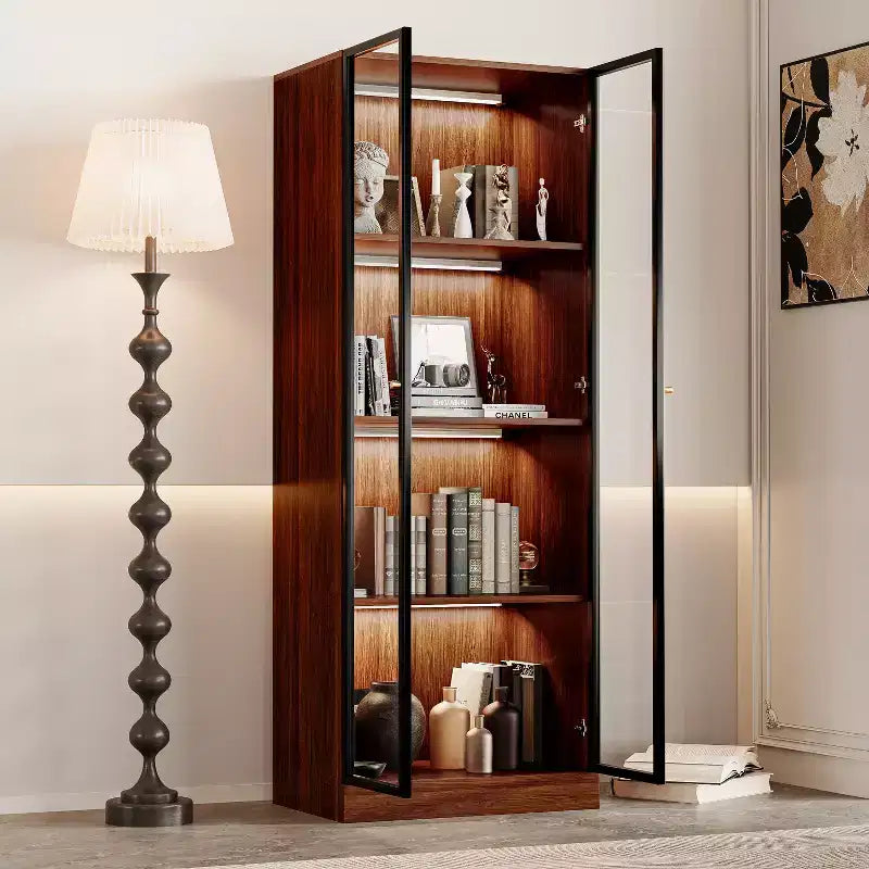 ATJafurn 23.6'' Brown Glass Display China Cabinet Liquor Curio Storage Hutch, Mid Century Modern Wooden 4-Tier Dining Shelf with Led for Living Room