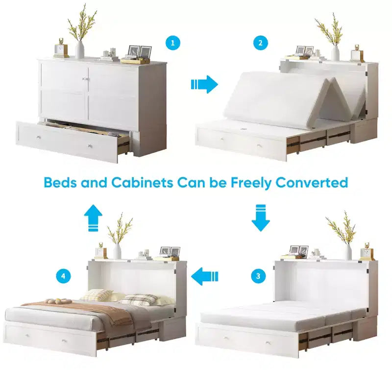 Murphy Bed Cabinet, Modern Murphy Bed Queen with Mattress, Built-in USB Charging Station & Drawers