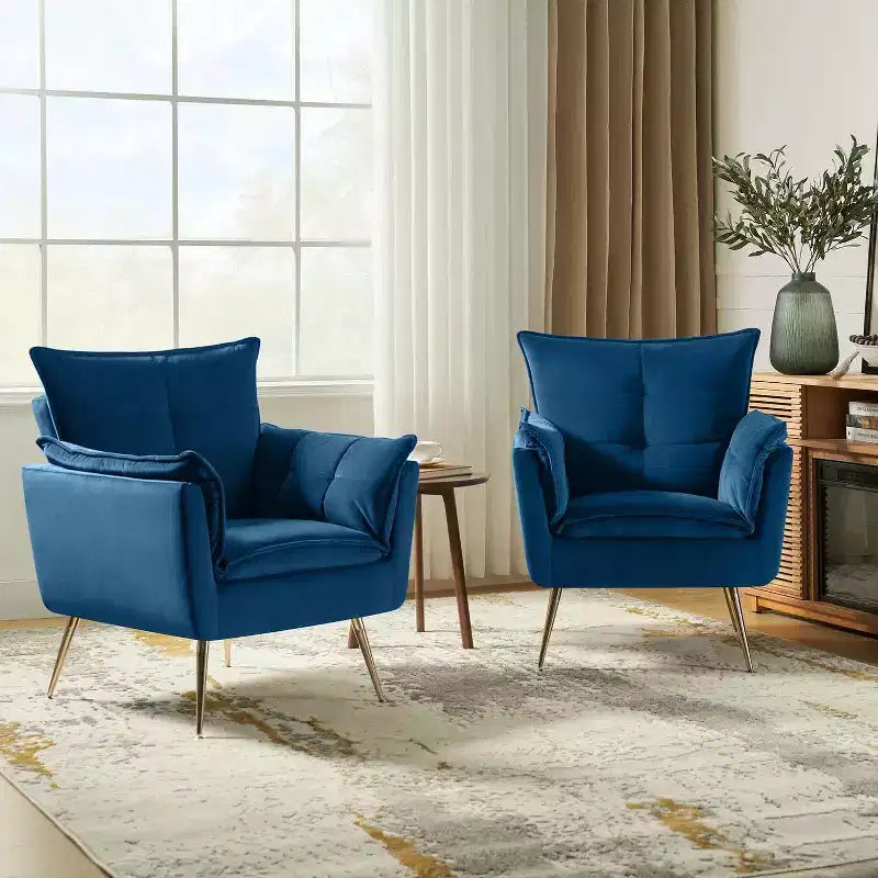 Set of 2 Jonat Contemporary Velvet Wooden Upholstered Armchair with Metal Legs for Bedroom and Living Room| ART OF LIVING DESIGNS