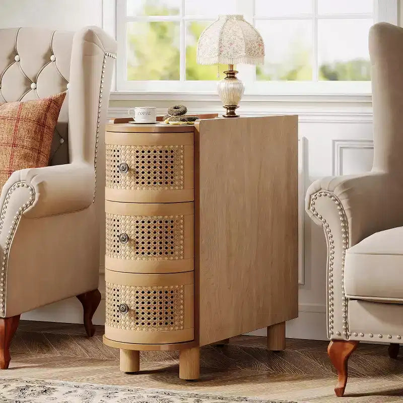 Lantine Solid Wood End Table with 3 Rattan Drawers and Exquisite Embossed Handles, No Assembly Required