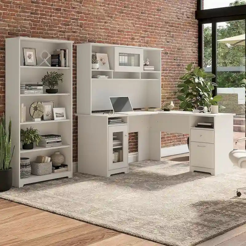 60" L-Shaped Computer Desk with Hutch, 5-Shelf Bookcase & File Drawer, 200 lb Desktop Capacity