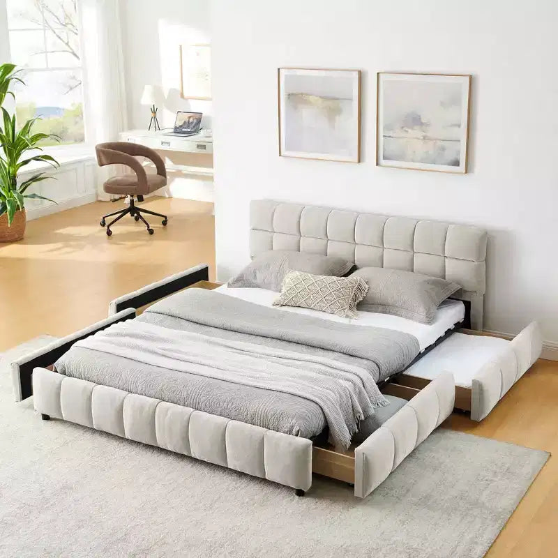 Queen Size Upholstered Bed with Headboard Chenille Fabric Solid Bed Frame Drawer for Bedroom, Beige