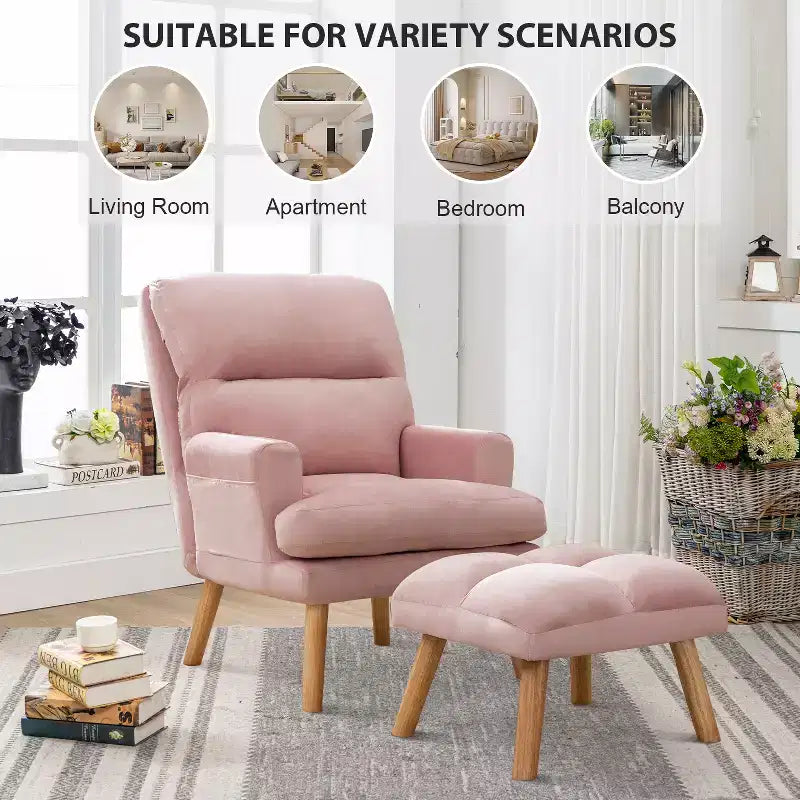 Accent Chair with Ottoman, Velvet Armchair with Adjustable Backrest and Side Pocket