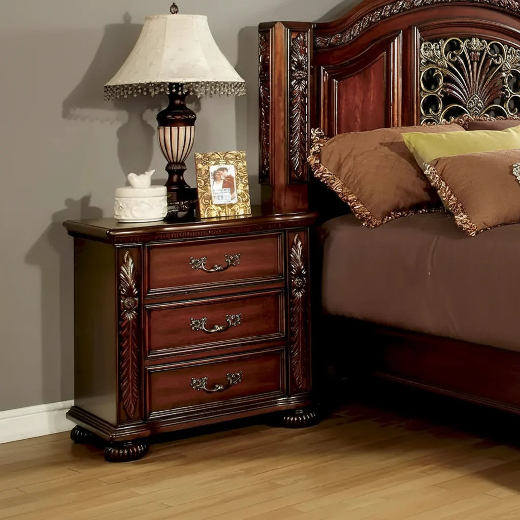 Cherry Solid Wood 3-Drawer Nightstand with Carved Palm Leaf Details
