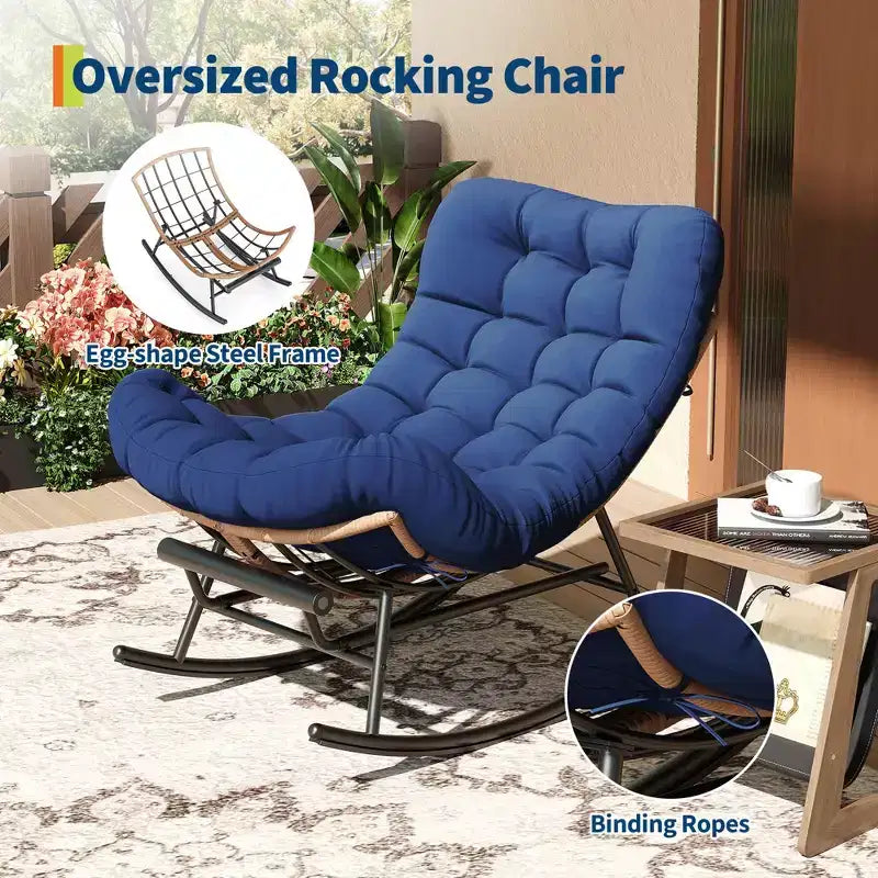 Oversized Rocking Chair with Footrest, Upholstered Lounge Chair with Metal Frame, Patio Reclining Chair for Patio Backyard Bedroom Garden