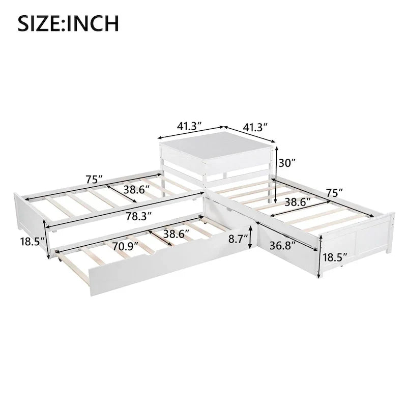 White Modern Twin Size L-shaped Platform Bed with Trundle and Drawers for Bedroom