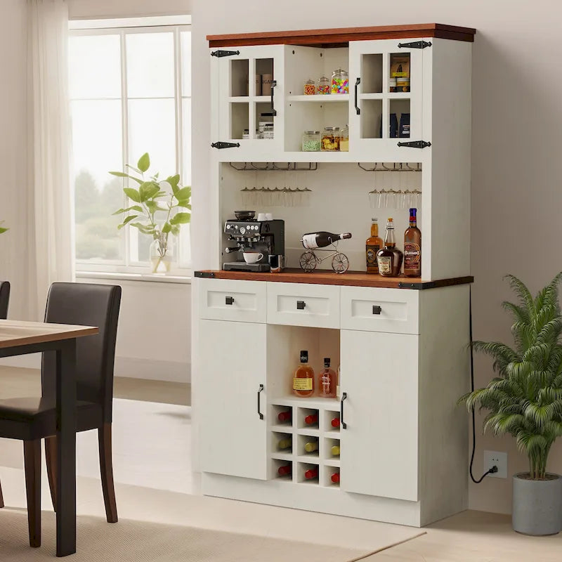 72" Kitchen Pantry Cabinet with Wine Rack, 3 Drawers & Charging Station