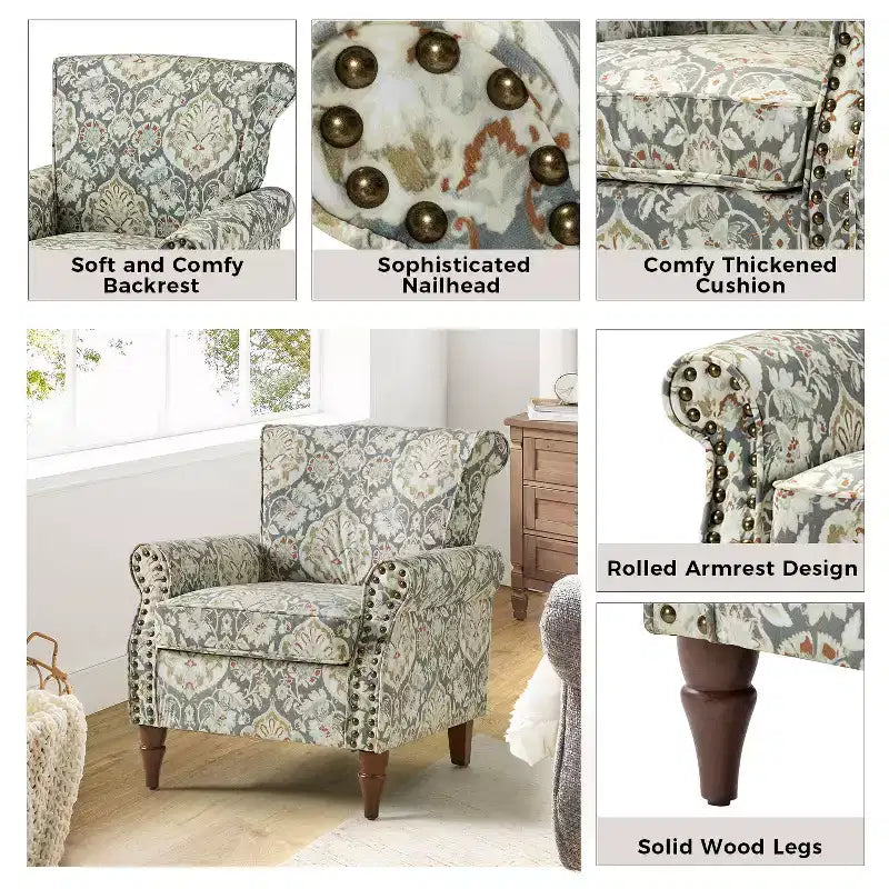 Traditional Wooden Upholstered Floral Armchair with Wingback and Nailhead Trim