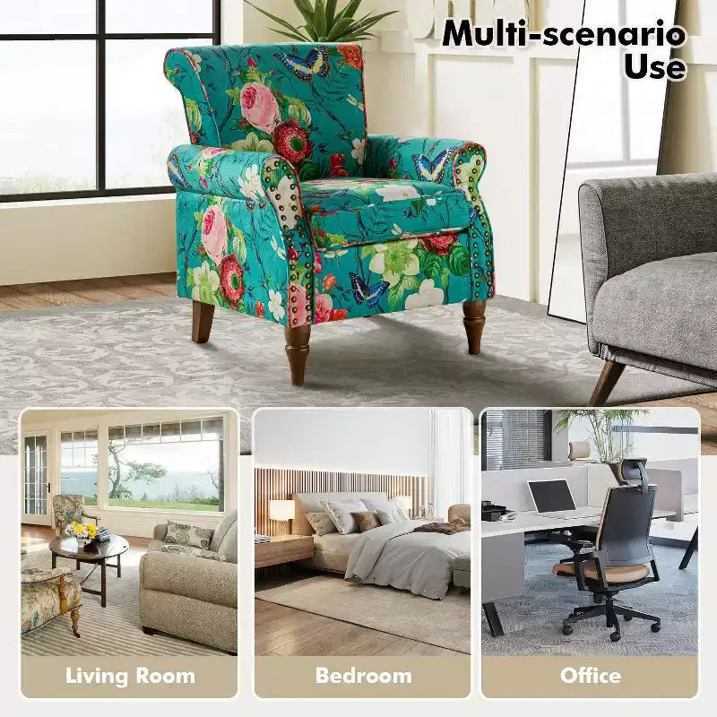 Traditional Wooden Upholstered Floral Armchair with Wingback and Nailhead Trim