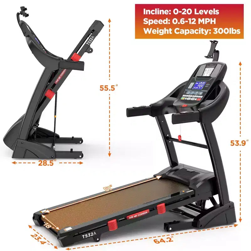 Treadmill Clearance: Portable Electric Treadmill with Handles, 20% Auto Incline, 4.5 HP Motor, Bluetooth App for Home/Office, Walking Running Machine
