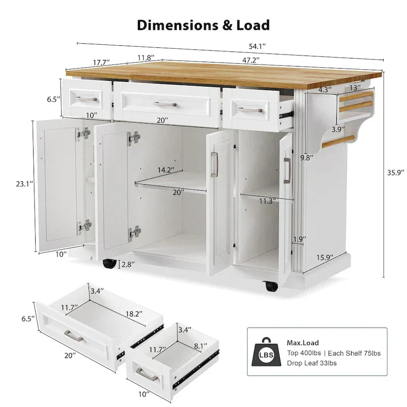 Large Kitchen Island with Wood Drop Leaf, Embossed Texture Rolling Kitchen Cart wDoors and Drawers wStorage for Kitchen, White