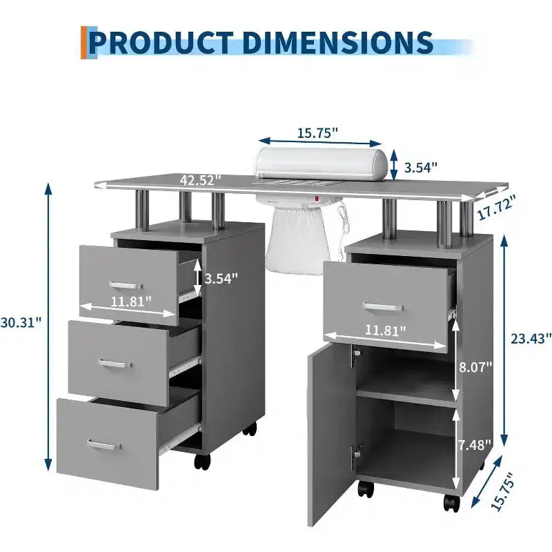 Manicure Table with Electric Dust Collector,42 Nail Table Beauty Salon Station with Lockable Wheels, Arm Rest,4 Storage Drawers,Resistant Top