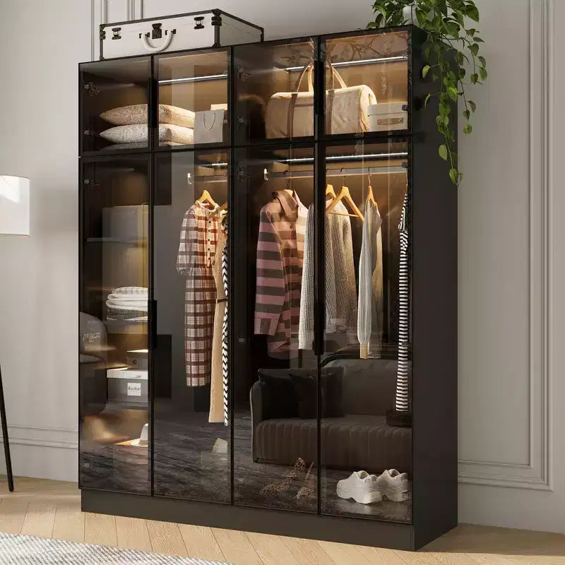118" Floor-to-Ceiling Black Armoire Wardrobe with 3-Color LED Lights & Tempered Glass Doors