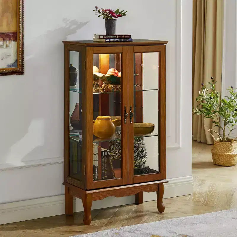 Curio Display Cabinet with 2 Tempered Glass Doors, 3 Shelves & Mirrored Back