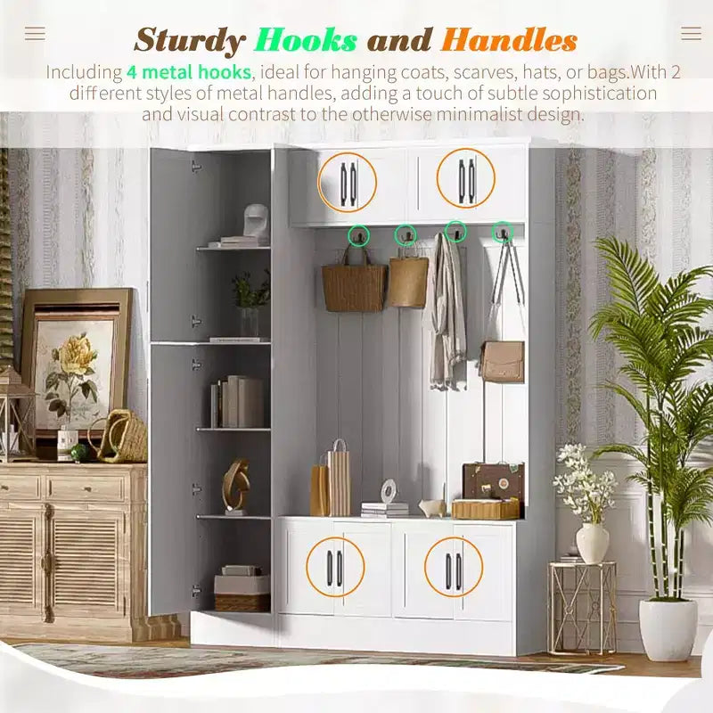79IN Modern Hall Tree with 6 Cabinets and 4 Coat Hooks, Coat Rack with Shoe Storage Bench and Adjustable Shelf for Hallway, Living Room, White