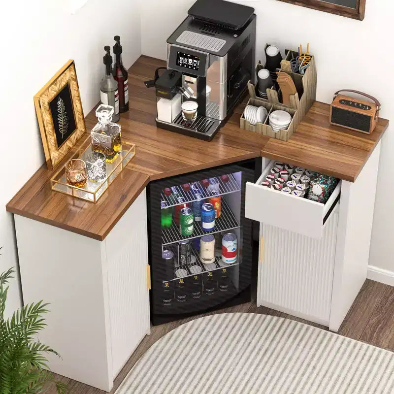 GDLF Corner Bar Cabinet with Fridge Space, Corner Coffee Bar Station for Home