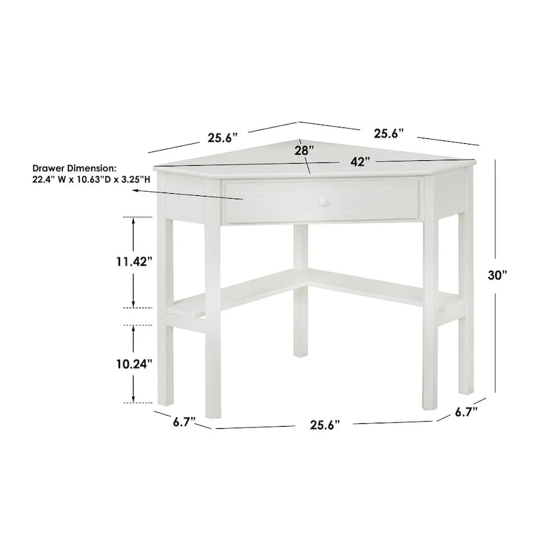 Corner Computer Desk with Drawer & Lower Shelf, Solid Wood & MDF, 42"W x 28"D x 30"H