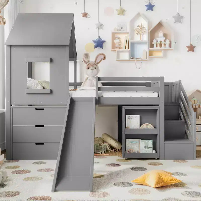 Twin Size Loft Bed with 3 Drawers & Storage Stair, Wooden House-style Bed Frame with Slide and Remevoable Desk