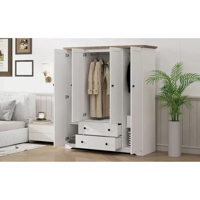 4 Door Wardrobe Armoire Closet with 2 Drawers, Freestanding Wardrobe Clothes Storage Cabinet with Hanging Rods