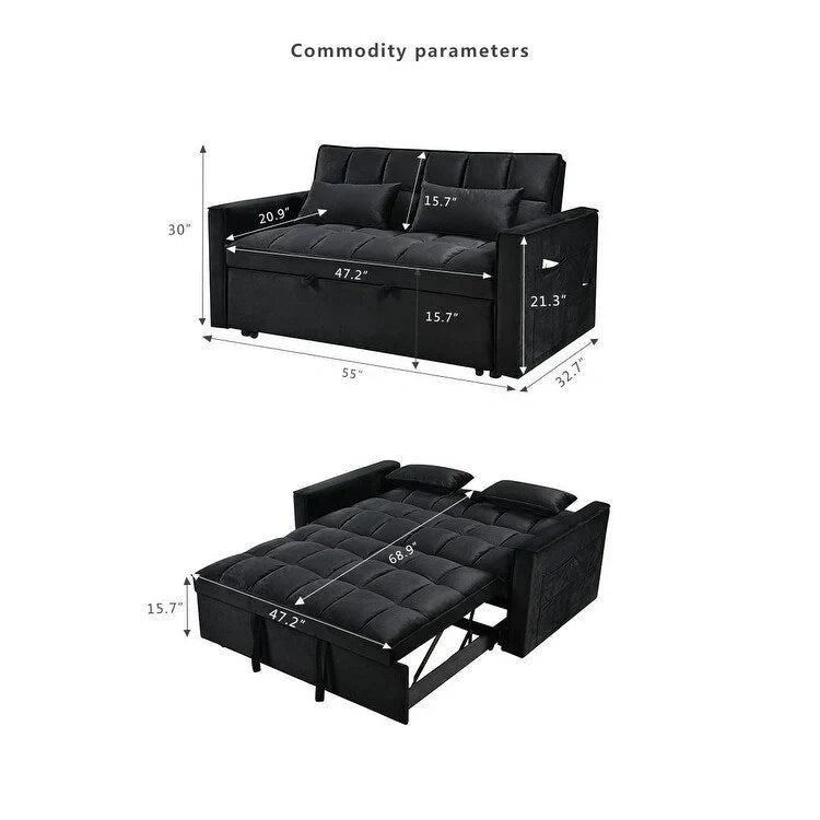 Modern Velvet Futon Loveseat with Reclining Backrest & Pockets, Seats 2 ??Dark Gray / Light Gray / Blue / Black