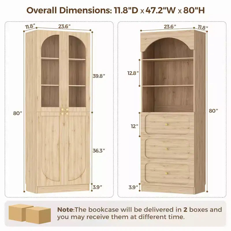 Besiost Combination Pantry cabinet with doors, Set of 2 bookcase with glass doors and shelves