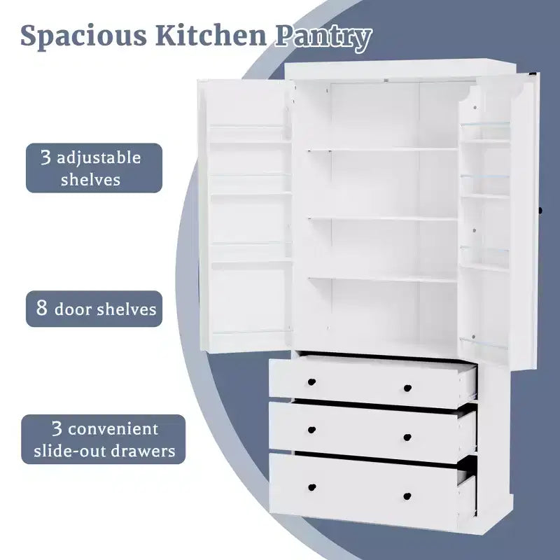 Freestanding Kitchen Pantry Organizer, Cabinet with 3-Adjustable Shelves, 3-Drawers, 8-Door Inner Shelves