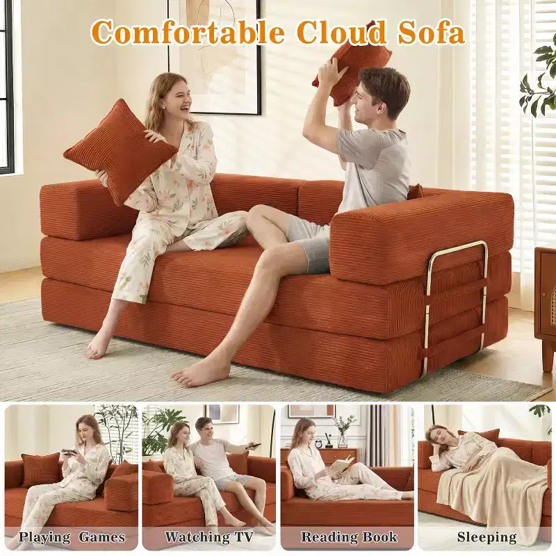 78-Inch Folding Sofa Bed Convertible Corduroy Couch, 4-in-1 Modular Floor Sleeper