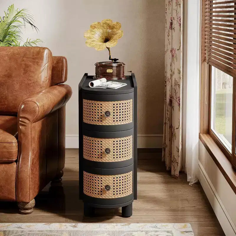 Lantine Solid Wood End Table with 3 Rattan Drawers and Exquisite Embossed Handles, No Assembly Required