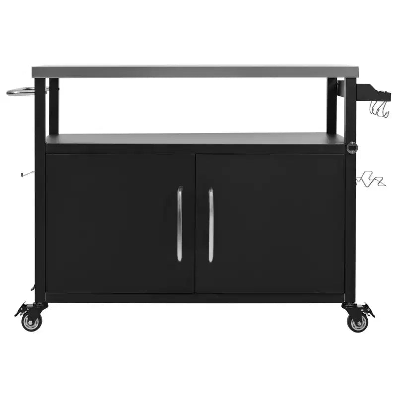 54.5" Outdoor Kitchen Island with Stainless Steel Top, Spice & Towel Rack, Black