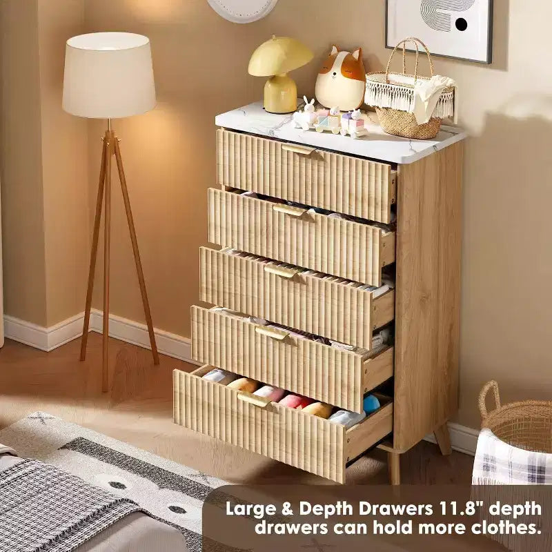 5-Drawer Fluted Dresser, 47.2-Inch Tall Chest of Drawers, Curved Design