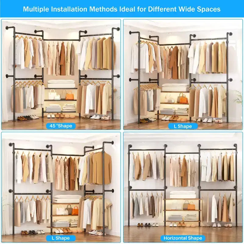 Besiost Industrial Pipe Clothing Rack, 7.3-10.9Ft Wall Mounted Closet System