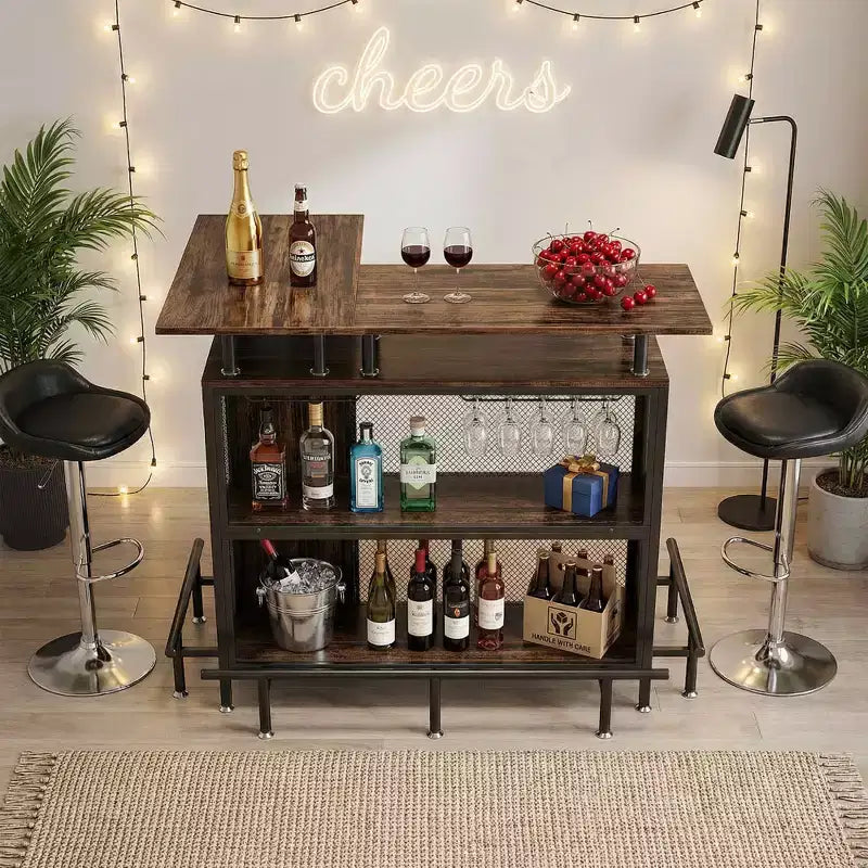 L-Shaped Corner Home Bar Cabinet with Wine Glass Racks and Footrest
