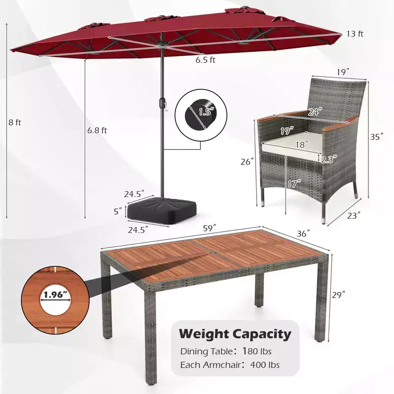 Gymax 8-Piece Patio Dining Set w/ Double-Sided Market Umbrella Acacia Wood Top
