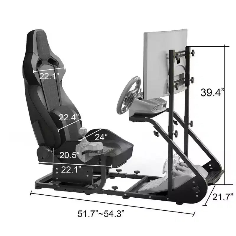 Black Steel Racing Wheel Cockpit Frame, Single Seat, Adjustable Simulator Rig
