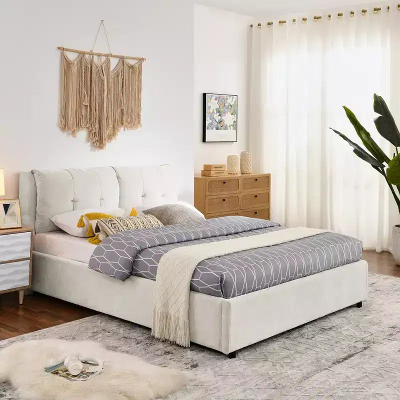 Queen/King Storage Platform Bed Frame Chenille Upholstered Bed with Soft Headboard