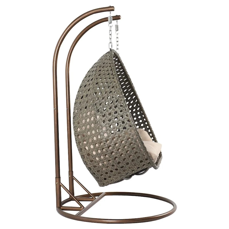 Egg-Shaped Hanging Swing Chair with Metal Stand, Wicker Frame & Cushion ¨C Beige / Charcoal Blue / White / Blue / Antique White / Brown / Canvas, Seats 2