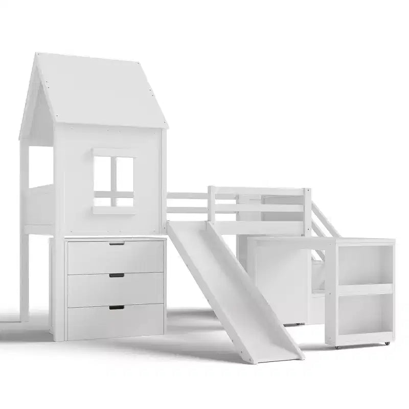 Twin Size Loft Bed with 3 Drawers & Storage Stair, Wooden House-style Bed Frame with Slide and Remevoable Desk