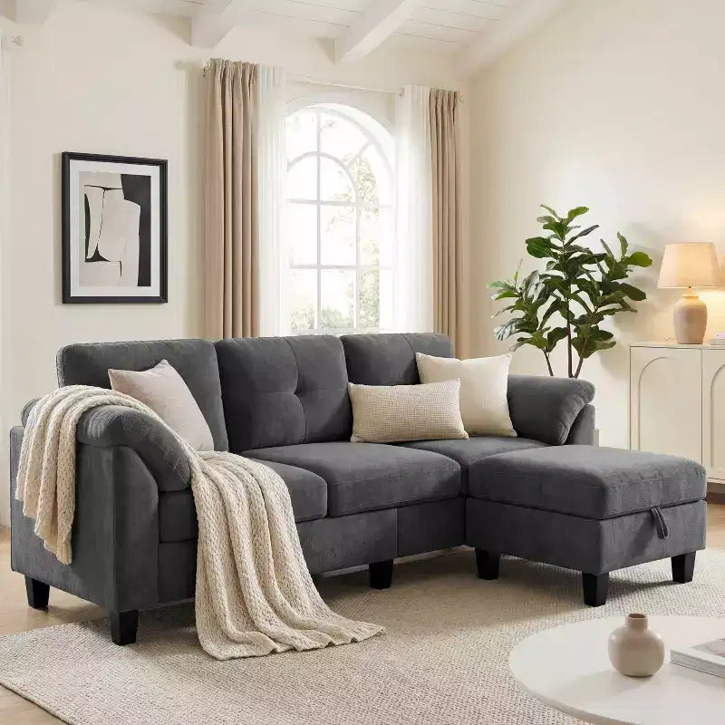 76.4-Inch Modern Three-Seater Sofa with Armrests and Pillows in Chenille Beige