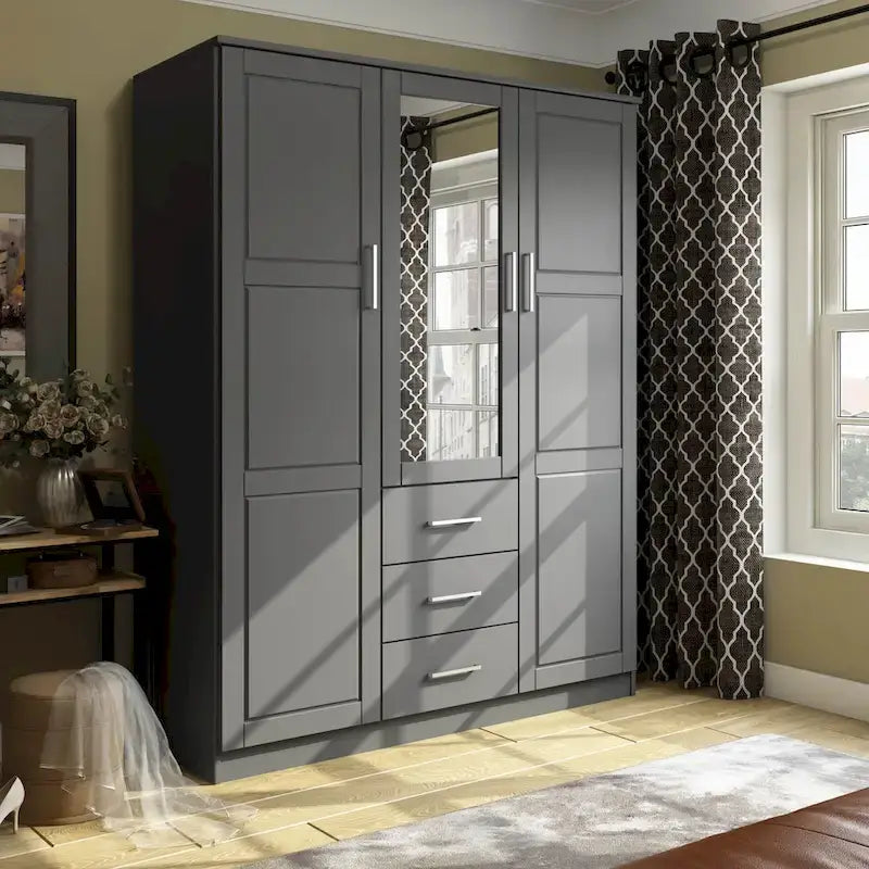 3-Door Solid Pine Wood Wardrobe Armoire, 72"H x 56"W, Mirrored or Panel Door, 3 Clothing Rods