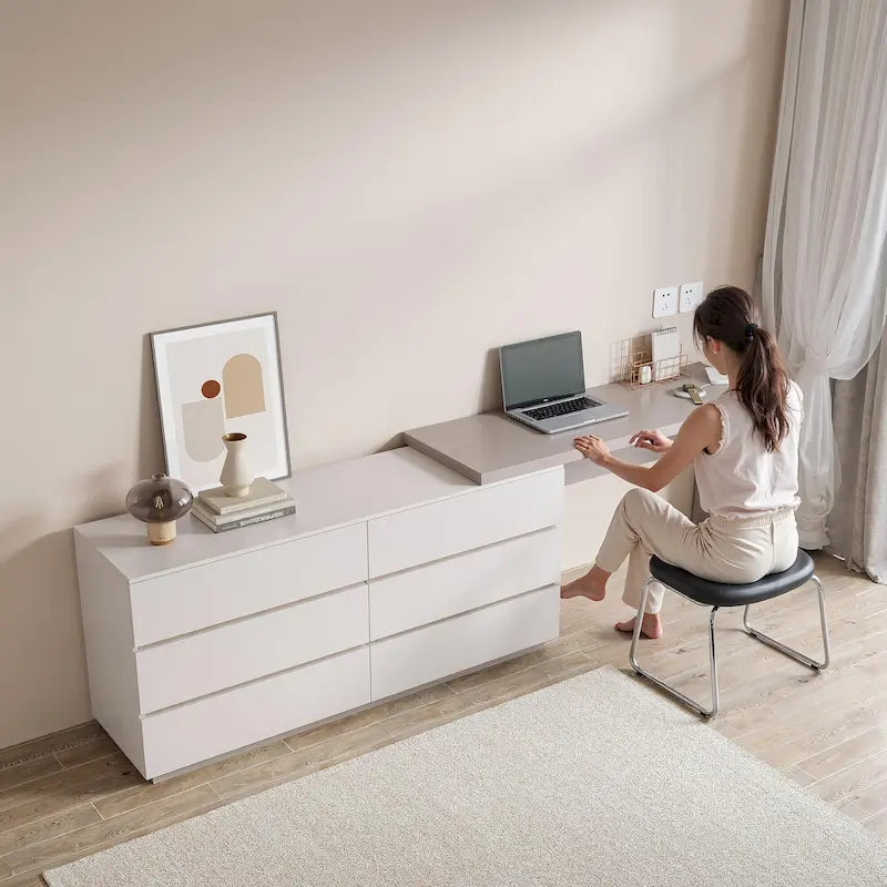 97.63 Modern Home Office Expandable Dresser Desk Combo with 6 Drawers
