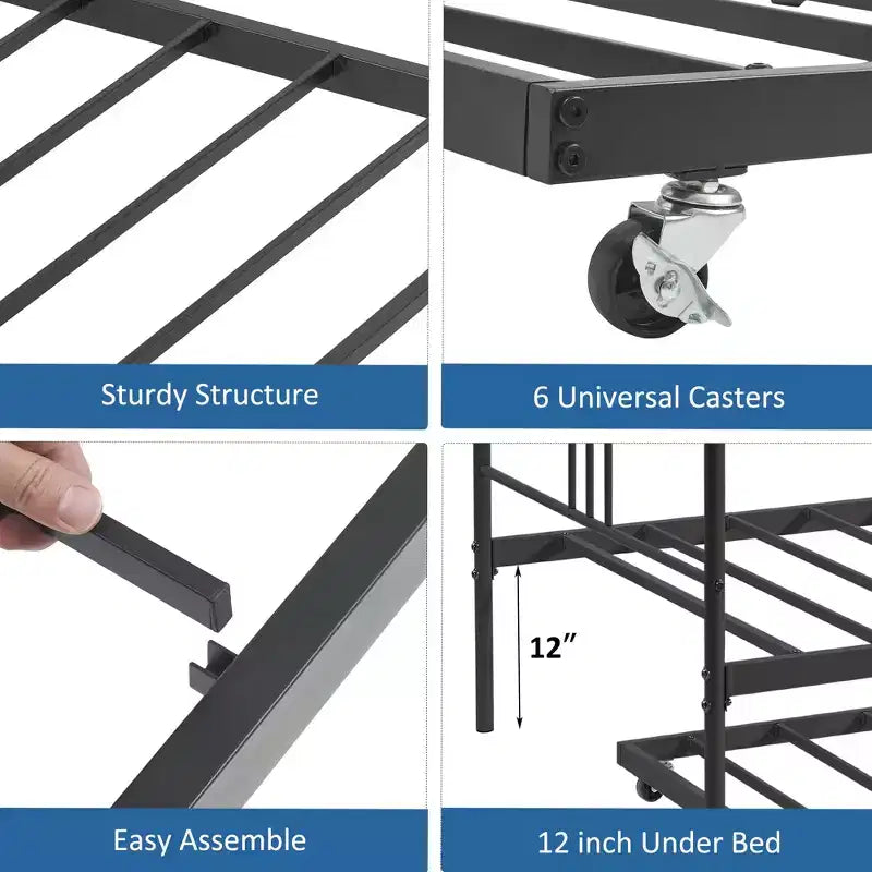 Twin Metal Daybed with Trundle,Twin Size Daybed Frame with Pullout Trundle 6 Casters,Steel Slat Support Guest Sofa Bed for Living,Bedroom,Apartment