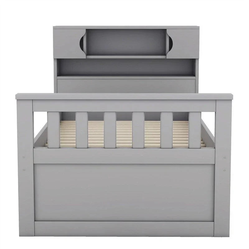 Twin/Full Size Captain Platform Bed with 4 Drawers and Storage Shelves, Solid Wood Bed Frame with Storage Bookcase Headboard