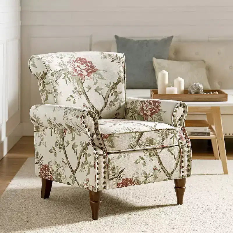 Traditional Wooden Upholstered Floral Armchair with Wingback and Nailhead Trim