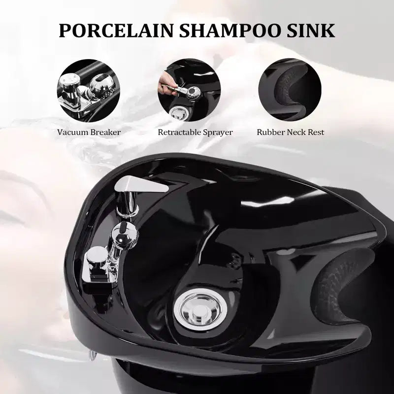 Karl Home Electric Shampoo Bowl and Chair Backwash Unit with Reclining Legrest and Tilting Porcelain Shampoo Sink