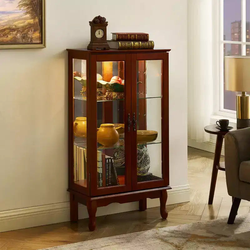 Okak Curio Cabinet with 2 Tempered Glass Doors, Diapaly Cabinet with 3 Adjustable Shelves and Mirrored Back Panel, Cabinet for Living Room